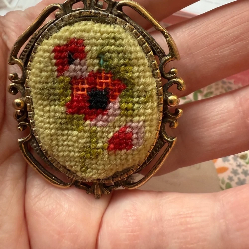 Vintage 1970’s Floral Needlepoint Brooch or Pendant with Gold Frame